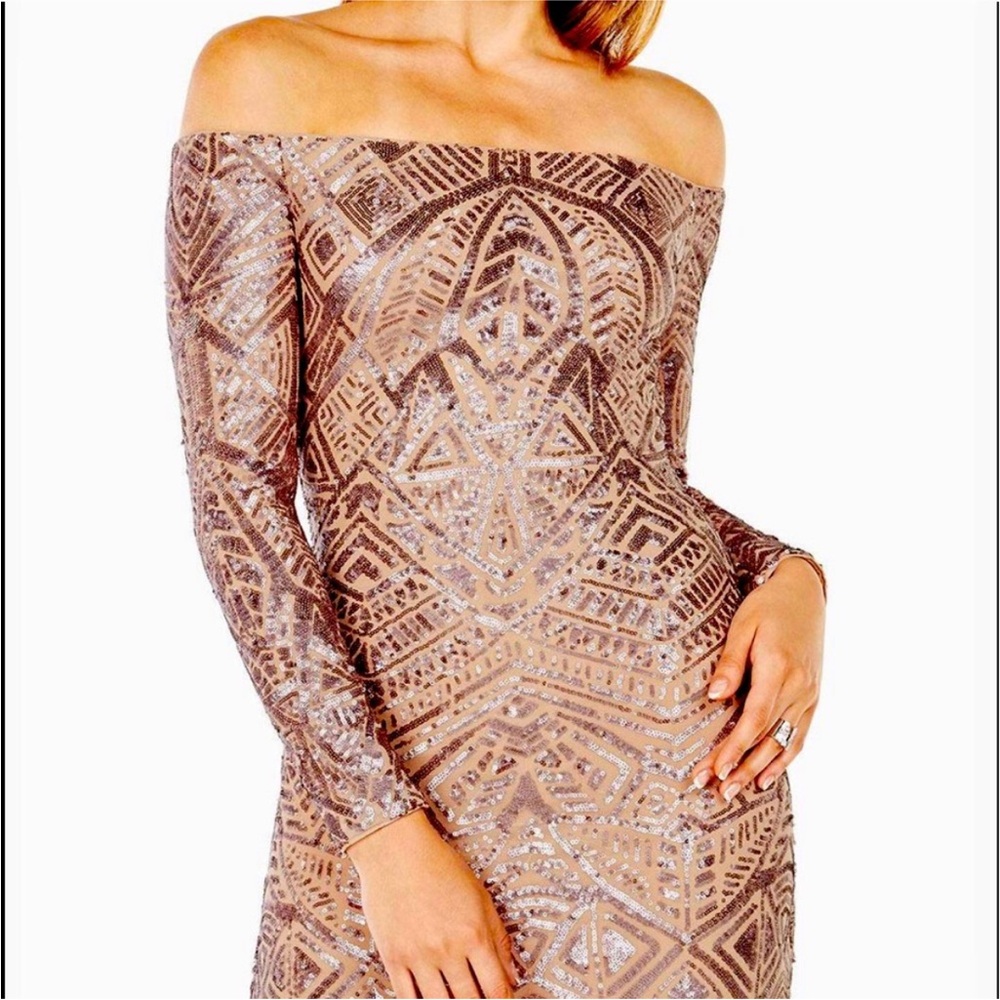 BCBG Rose Gold Off-Shoulder Long Sleeve Bodycon Dress